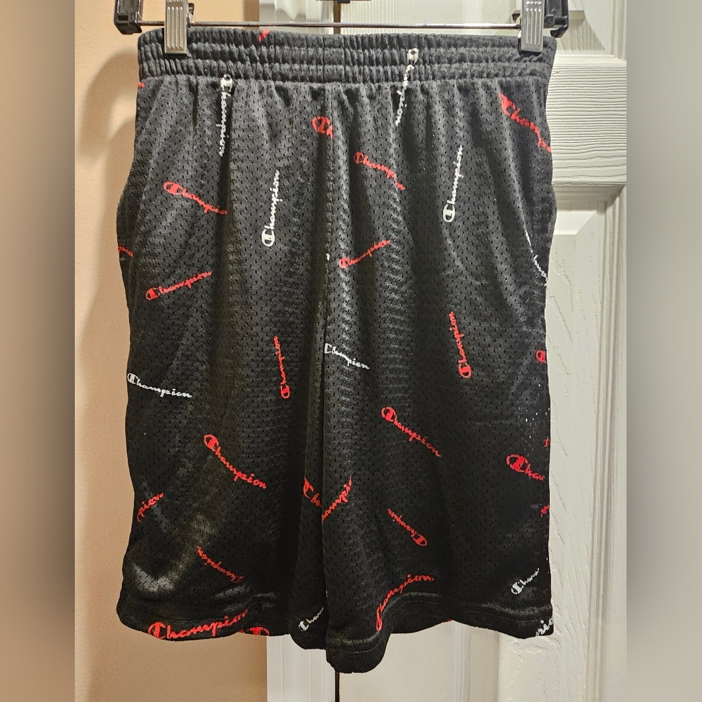 Champion Kids Black Athletic Shorts with Red and White Logo Pattern